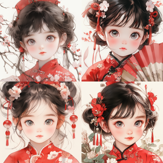 中国画线描，魅力小女孩，大眼睛长睫毛，绣花红裙，团扇，可爱表情，圆润脸颊，长发双辫，银首饰耳环，卡通风格，中国画风，流畅的墨线，牡丹花背景，3d渲染，特写镜头，柔和光线，生动表情，鲜艳色彩，温馨氛围。