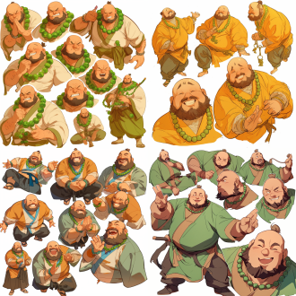 魁梧肥胖男子，可爱圆脸，络腮胡，光头，绿檀佛珠，表情生动，动作夸张，全身，前视、后视、侧视三视图，简约纯白背景，sharpie插图，漫画风格，手绘风，高清画质，4k，夸张表情，动态姿势，简洁背景，高分辨率，生动色彩，幽默感。