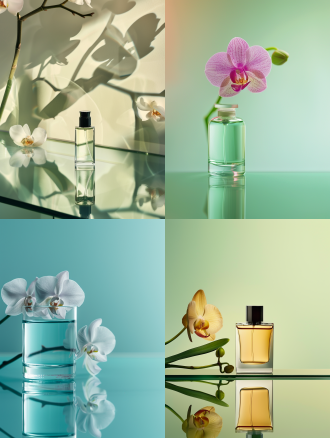 商业摄影，香水摄影，一支圆柱形香氛特写，玻璃台子，背后是一枝动态模糊有残影的兰花，浅绿色渐变背景，干净背景，亮调，构成主义，调性，极简风格，高级，艺术造型，大光圈，景深，精细的细节，8k