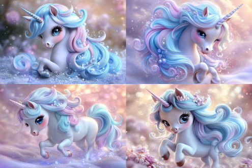 蓝色头发的独角兽，蓝色的马，梦幻场景，柔和光线，广角镜头，自然环境，长曝光，奔跑，优雅，绚丽色彩，神秘感。