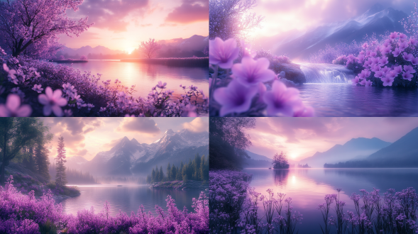 紫色和白色淡色背景壁纸，自然风景，柔和光线，远景，广角镜头，浅景深，平静，和谐，花卉，树木，山脉，水流，细腻纹理，温暖色调，宁静。