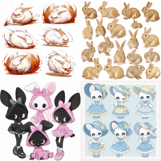 a set of cute rabbit，cute colors,sticker art design,illustrations,flat colors,simple details,simple line 2d painting,popular artstations,digital art,pixel style cartoons,lineworlks
