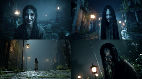 深夜的街道，下着淅淅沥沥的小雨，老旧的路灯亮着白炙的光，坑坑洼洼的地面有碎石和苔藓，一个穿着布衣的女人站在街道中间，黑色的长发垂到地面，褶皱的皮肤，纯白色的瞳孔，张嘴微笑，尖锐锋利的牙齿，诡异氛围，恐怖电影，超真实，细节，真实生活，伊藤瑞二风格，8k