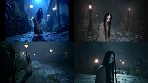 深夜的街道，下着淅淅沥沥的小雨，老旧的路灯亮着白炙的光，坑坑洼洼的地面有碎石和苔藓，一个穿着布衣的女人站在街道中间，黑色的长发垂到地面，褶皱的皮肤，纯白色的瞳孔，张嘴微笑，尖锐锋利的牙齿，诡异氛围，恐怖电影，超真实，细节，真实生活，伊藤瑞二风格，8k