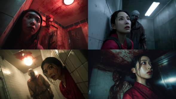 公共卫生间里，天花板沾染着暗红色的液体，一个浑身湿透的亚洲女人躲在厕所隔间里，面色惊恐，脸色发白，耳朵贴在门上聆听外面的动静。女人的身后漂浮着一个僵硬的人，面色狠毒，身穿破烂的衣服，衣服上沾有泥土和暗红色的液体，皮肤苍白。超真实，细节，真实生活，恐怖氛围、电影，冷色调，8k