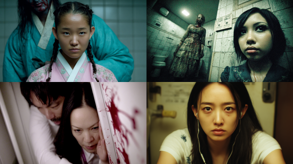 公共卫生间里，天花板沾染着暗红色的液体，一个浑身湿透的亚洲女人躲在厕所隔间里，面色惊恐，脸色发白，耳朵贴在门上聆听外面的动静。女人的身后漂浮着一个僵硬的人，面色狠毒，身穿破烂的衣服，衣服上沾有泥土和暗红色的液体，皮肤苍白。超真实，细节，真实生活，恐怖氛围、电影，冷色调，8k