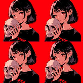 一个可爱的女孩，手上捧着一只骷髅头，肯德基标志风格，黑白线条绘制加上彩色上色，手绘插画风，极简风格，黑白单色骷髅头，骷髅头特写，正常骷髅头，矢量绘制，黑白背景，logo，icon，形状异性，徽章