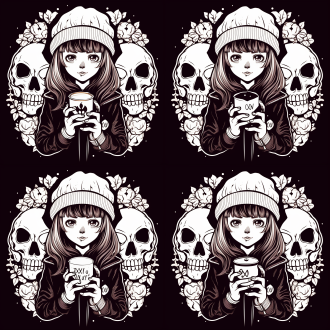 一个可爱的女孩，手上捧着一个骷髅，星巴克标志风格，黑白线条绘制，手绘插画风，极简风格，黑白单色骷髅头，骷髅头特写，正常骷髅头，矢量绘制，黑白背景，logo，icon，形状异性，徽章