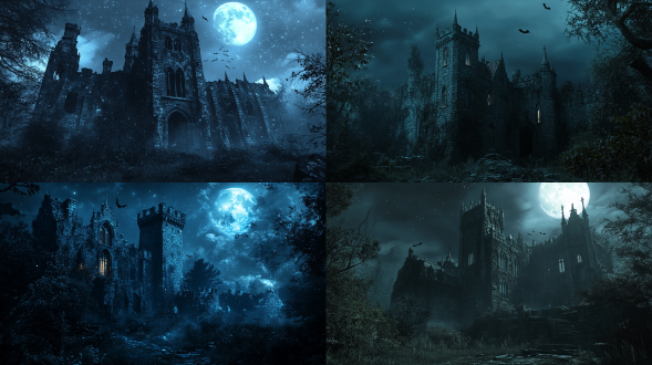 主体描述：巍峨古堡矗立夜色中。 场景描述：月光洒落，古堡轮廓分明，周围是幽暗的森林。 细节元素：古堡墙上爬满藤蔓，窗户透出微弱灯光，蝙蝠在夜空中飞翔。 氛围描述：静谧而神秘，星光点点，增添一丝奇幻色彩。 风格描述：哥特式建筑风格，黑夜背景，3d立体效果，细腻纹理。