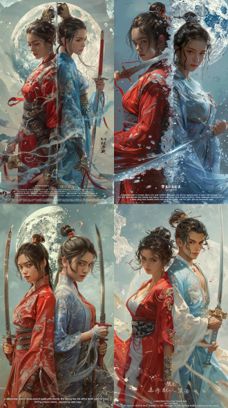 “a detailed midjourney prompt in chinese ancient style and photorealistic quality, featuring two teenagers standing back-to-back with swords. the left teenager in red attire (with subtle silver lines) holding a heavy sword, expressing anger, and the right teenager in blue attire (with waterwave patterns) holding a flexible sword, showing a serene expression. their swords have scarlet and lake blue tassels. the background is a shattered full moon with ice-crystal cracks, emitting cold white light, set against a gradient indigo night sky. the composition includes a split screen with static close-ups of the left and right teenagers, and a shattered moon in the center. the lighting is in cold tones, complementing the broken moon and night sky. the atmosphere is enhanced with the sound effect of shattering glass. the emotional contrast between the anger of the left teenager and the serenity of the right teenager is striking. the style is a blend of traditional chinese elements and photorealistic quality, with rich details and vibrant colors.”
