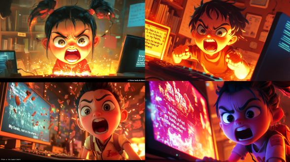 魔童哪吒q版电影2形象，办公室，仰角，右上至左下构图，愤怒张嘴扎碎屏幕，暖光，冷色背景，“我命由我不由班！”，可爱风。