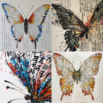close up, a butterfly with super long wings, wings spread out, huge wings composed of countless traditional characters written in capital letters, forming an endless sea of words, drawn in the style of wu guanzhong. the colors are rich, the combination of virtual and real, the lines are very beautiful, minimalist, with a pure white background, artistic ink painting, text creativity, blurred background, calligraphy characters, kenya, hara, ink painting