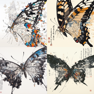 close up, a butterfly with super long wings, wings spread out, huge wings composed of countless traditional characters written in capital letters, forming an endless sea of words, drawn in the style of wu guanzhong. the colors are rich, the combination of virtual and real, the lines are very beautiful, minimalist, with a pure white background, artistic ink painting, text creativity, blurred background, calligraphy characters, kenya, hara, ink painting