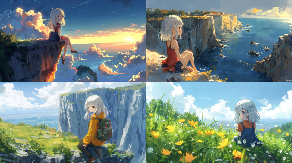 白齐肩短发小女孩蜷坐悬崖边眺望海平面，水天相接远景，三点构图，新海诚风，户外，暖亮色，软光，远景，宁静。