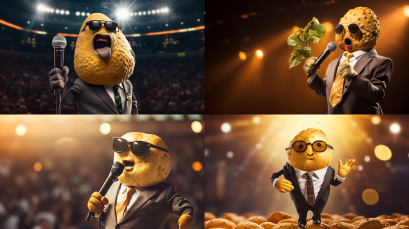 一个穿着西装，戴着墨镜，戴着大金链子的土豆，拿着麦克风在讲台上讲话，整个身体就是土豆，全景