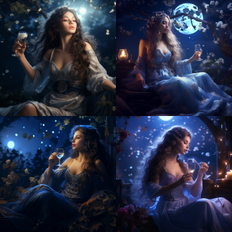 明月清风，对酒当歌，夜空下，一人独坐，手持酒杯，仰望星空，面带微笑，古装飘逸，长发随风，古典园林，月光洒落，宁静祥和，长焦镜头，柔光，慢快门，静谧，蓝调，惬意。 新艺术风格 幻想四季