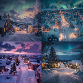 雪中小镇，极光映照，温馨圣诞氛围，雪景，小镇建筑，圣诞装饰，广角镜头，柔和光线，冷暖色调交织，宁静祥和，期待喜悦。
