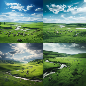 草原宣传页，广阔草原，牛羊成群，绿色主调，希望主题，自然风光，广角镜头，柔和光线，生机勃勃，宁静安详，绿色调，希望情感。