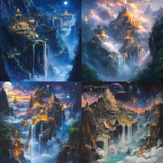 沐浴在夜色中的凤凰山，散发着巍巍神光。 飞瀑流泉，自九天而来。 一个个星罗密布的湖泊，好似美丽的琥珀镶嵌在云间。 一座座恢弘华丽的宫殿，林立于山中，悬浮在云海。层层叠叠的琉璃顶，看上去金碧辉煌。 无数发光的植物，点缀着一条条纵横交错的浮空之路。