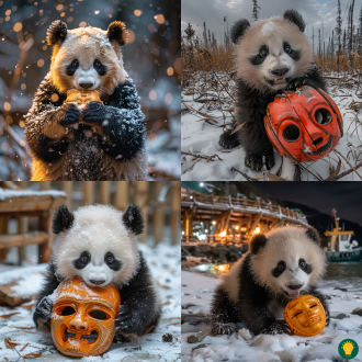 月光下的雪地，熊猫啃木面具，搞笑可爱，低角度拍摄，雪地反射，冷暖对比，广角镜头，柔和月光，慢快门，好奇表情，黑白毛色，橙色面具，欢乐氛围。