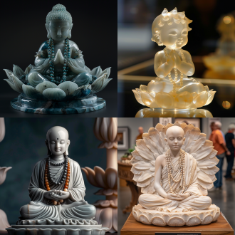 白玉小沙弥展品特写，展台上，黑暗背景，冷色调，柔和光泽，精细纹理，盘坐，拿佛珠，荷叶下，天真表情，特写镜头，侧光。