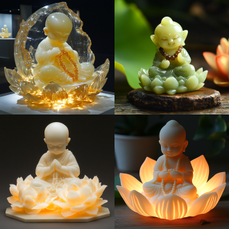 黑暗背景中，展台上一件白玉雕刻艺术作品摆件特写，一个胖嘟嘟的小沙弥盘腿而坐，拿着佛珠，躲在荷叶下乘凉，展品晶莹透亮，温润细腻，纯洁无瑕，精美冷色调，光泽柔和，冷色调，天真可爱，无邪顽皮，气定神闲。