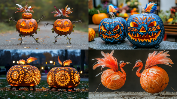 两条机械短腿的南瓜灯，南瓜皮上浮雕镂刻着印第安纹饰，头顶上装饰着羽毛，正在地上赛跑，感恩节传统游戏比赛。