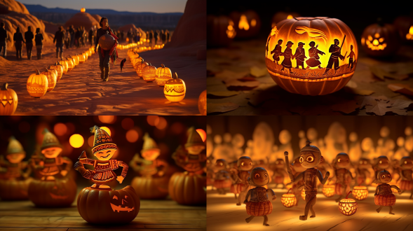 南瓜灯赛跑，中心构图，感恩节场景，低角度，暖光，中长焦镜头，奔跑，印第安纹饰，橙色，欢乐。