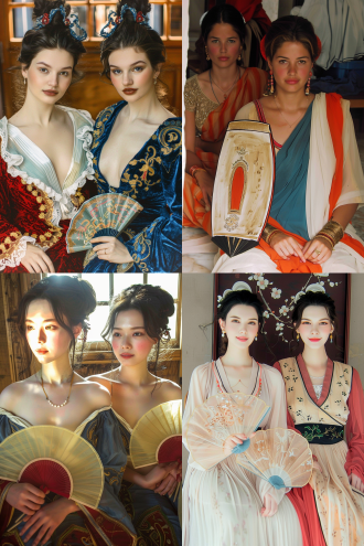 两位贵妇人坐在庭院纳凉手拿丝绸团扇，对称构图，古典庭院，华丽服饰，平静表情，柔和光线，中焦镜头，淡雅色调，悠闲。