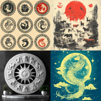 十二生肖在月亮上团圆，老鼠，马牛羊，鸡狗猪，虎兔龙，猴，中国剪纸图案。