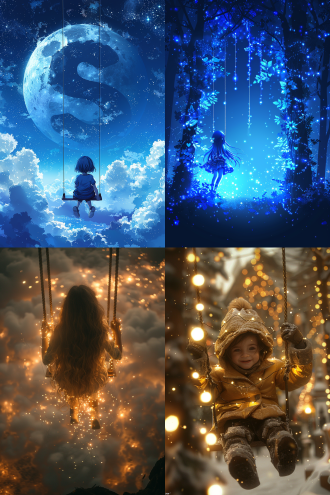 点线面 丝丝光轨粒子发光构绘出在星空中荡秋千的小女孩轮廓，聪名活泼 性情优雅 高清细节 32k