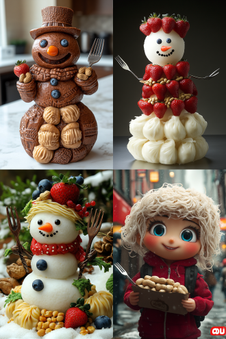 一个雪人，汤圆头，面条长发，蓝莓眼，草莓鼻子，嘴里两排花生米，咬着一把叉子餐具，饺子褶皱衣裙，一只手是餐具刀，另一只手是一双筷子手。