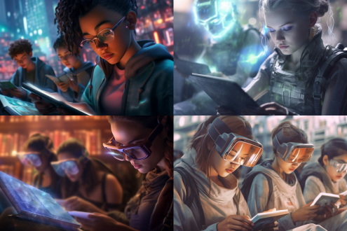 特写一本点读机电子书，高科技，未来感，学生们在专注地阅读背景虚化