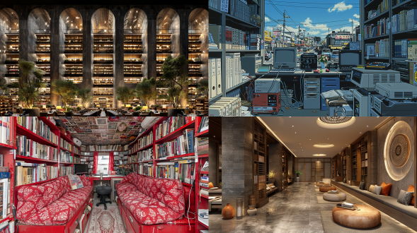 个人书房，墙壁四周都是书柜，主人正用遥控器触摸开关把需要的书从书柜中上下左右移动取出来，电脑笔墨纸砚音响设备插花绿植挂件玩偶茶具布艺沙发一应俱全，天花板地板的高科技投影书法绘画。