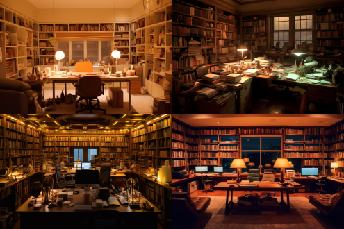 个人书房取书，对称布局，科技风，暖光，长焦镜头，慢快门，触摸操作，书柜电脑等元素，素色，宁静。