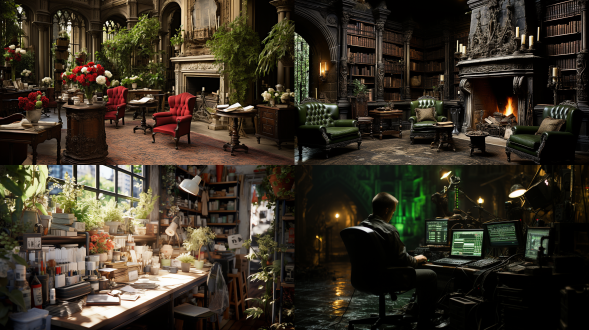 个人书房，墙壁四周都是书柜，主人正用遥控器触摸开关把需要的书从书柜中上下左右移动取出来，电脑笔墨纸砚音响设备插花绿植挂件玩偶茶具布艺沙发一应俱全，天花板地板的高科技投影书法绘画，温馨舒适休闲简洁现代化素雅风格。