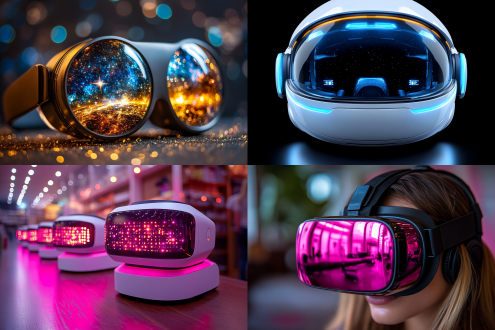 vr眼镜与太空元素结合，对称布局，未来感环境，冷色调，超广角镜头，顶光，科技感氛围，时尚炫酷，震撼。