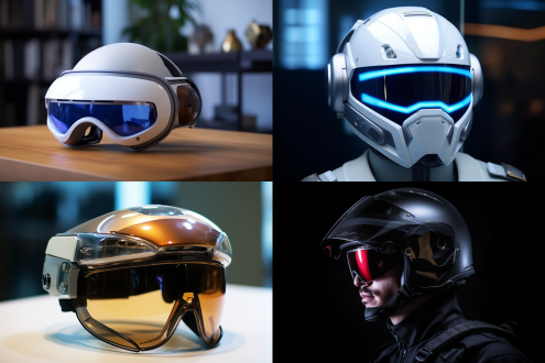 ar头盔式眼镜，居中构图，科技风房间，冷色调，超广角镜头，顶光，静态展示，轻便简洁，太空科幻元素，时尚炫酷。