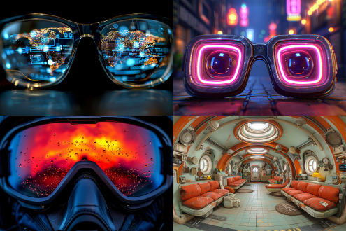 ar眼镜面具模式，居中构图，科技风房间，冷色调，鱼眼镜头，顶光，静态展示，轻便简洁，太空科幻元素，时尚炫酷。