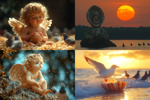 丘比特小天使从贝壳钻出飞向月光海岸，惊动白鸽，三分法构图，梦幻风，长焦镜头，逆光，暖冷色调，灵动，惊喜。