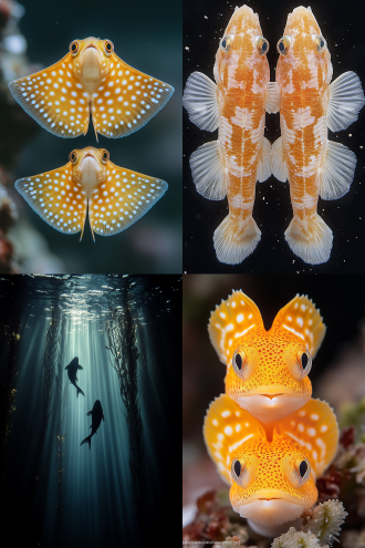 比目鱼一上一下，上者猎食下者潜伏，对称构图，海洋环境，冷色调，微距镜头，逆光，动态，神秘氛围。