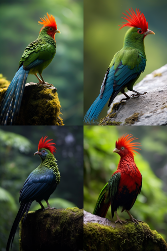 安第斯动冠伞鸟，特写构图，热带雨林，长焦镜头，侧逆光，暖绿配色，莫西干式冠羽清晰，灵动姿态，活泼氛围。