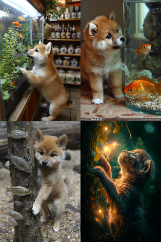 一只可爱的豆柴犬宝宝站起来用双爪使劲挠高高的鱼缸，圆鳍鱼宝宝吸附在鱼缸上瞪眼睛，好奇兴奋紧张，室内自然光，侧面