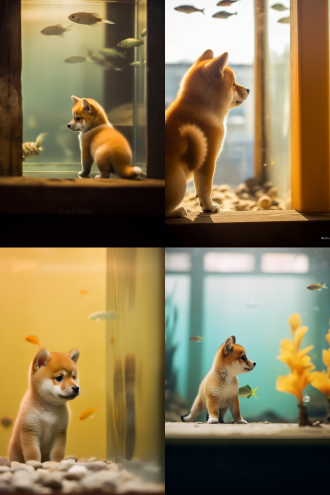 豆柴犬宝宝站起挠鱼缸，圆鳍鱼吸附瞪眼，对角线构图，室内自然光，背面视角，暖黄调，长焦，好奇兴奋紧张。