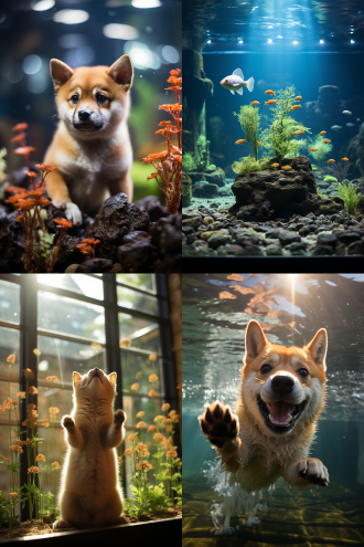 一只可爱的豆柴犬宝宝站起来用双爪使劲挠高高的鱼缸，圆鳍鱼宝宝吸附在鱼缸上瞪眼睛，好奇兴奋紧张，室内自然光，背面