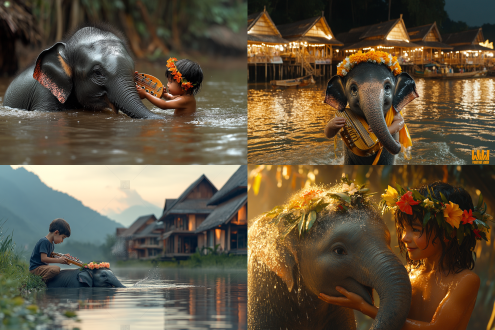 小男孩背象脚鼓给小象套花冠，小象喷水，傍晚河边泼水节，竹楼前雨林景，三分构图，暖光，长焦，活泼，多彩，欢乐。