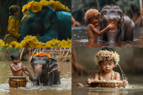 一个背着象脚鼓的小男孩用鲜花花冠套在小象宝宝的耳朵上，小象宝宝淘气地用鼻子朝孩子们喷水，可爱有趣，傍晚河边的泼水节场面，热带雨林的竹楼前，和谐友爱开心