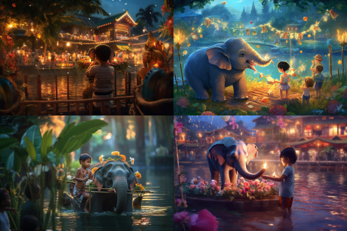 小男孩背象脚鼓给小象戴花冠，小象喷水，傍晚河边泼水节，竹楼前雨林景，三分法构图，暖光，长焦，可爱，开心氛围。