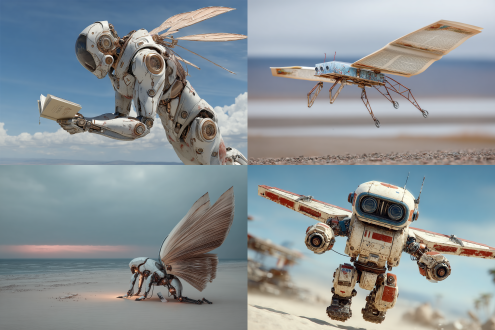 机器人宝宝背部安装着一本打开的画册，就像翅膀一样，风翻动着书页，科幻，无人机第一视角空中俯瞰