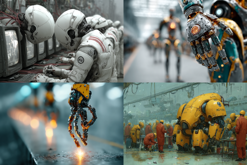 一群人形机器人在工厂里打工，流水线生成画面